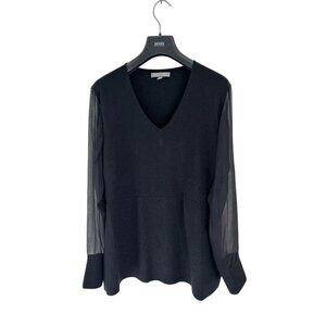 Neiman Marcus Black V-Neck Long Sleeve Sweater With Sheer Silk Sleeves